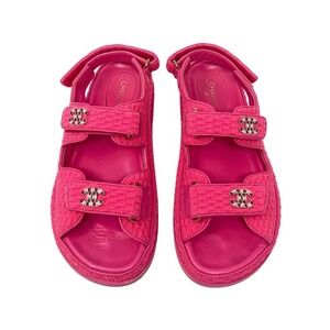 Chanel Pink Tweed CC Dad Flat‎ Double Strap Sandals 39 Karl Lagerfeld